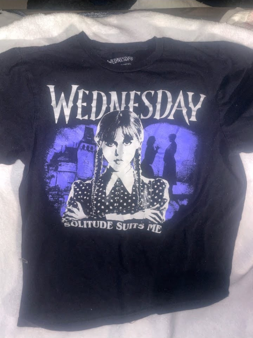 Black 'Wednesday' Graphic Short Sleeve Tee with White and Purple Print